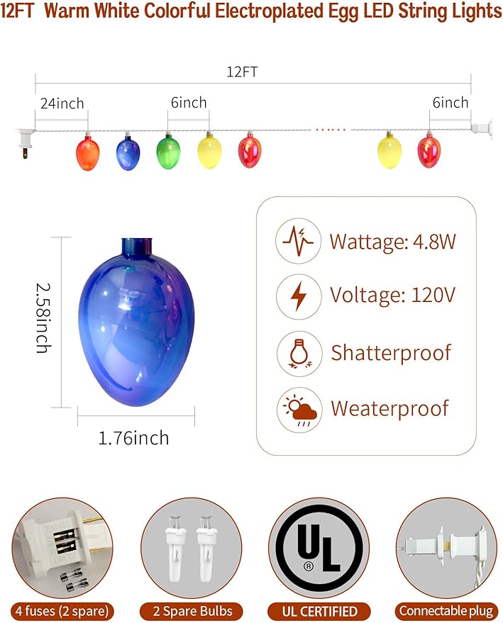 12FT Easter Egg String Lights – Pastel 3D Fairy Lights for Bedroom, Spring Decor, Mantel, Party – Warm Glow, Plug-in, Connectable