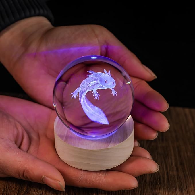 3D Axolotl 60mm Crystal Ball Axolotl Night Light Lamp Toy Gifts for Women Wife Girlfriend Mom Couple Her Axolotl Figurine for Girls Boys Kids