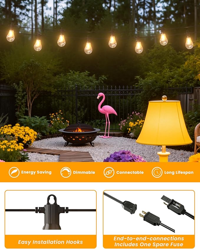 Outdoor String Lights, 50FT LED Patio Lights with 25+2 A45 Vintage Edison Shatterproof Bulbs, Waterproof Connectable Dimmable Outside Hanging Lights for Backyard Bistro Porch Garden