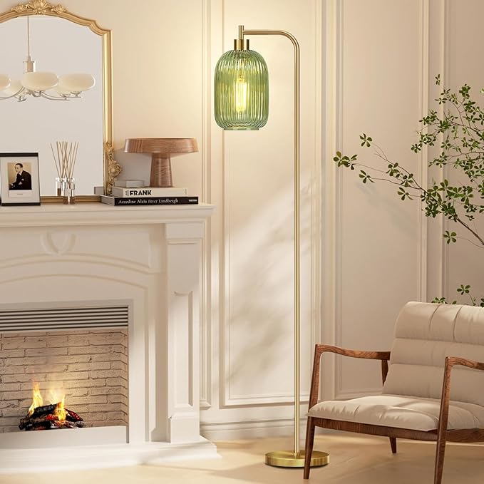 Floor Lamp for Living Room,Bedroom,Gold Dimmable Standing Lamp with Remote,Mid Century Modern Brass Tall Lamp Retro Vintage Green Glass Lamp Floor Light Boho Bohemian