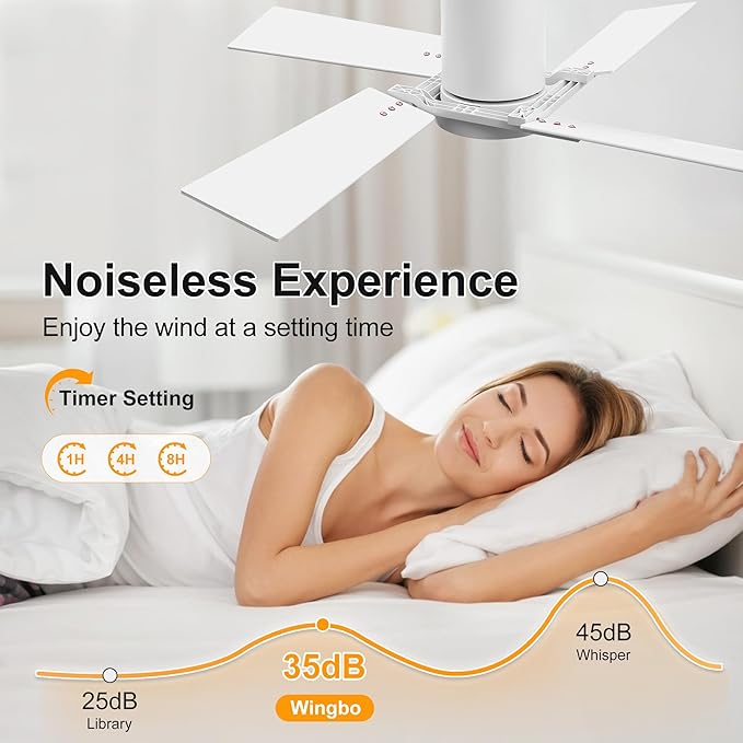 WINGBO 48" Flush Mount Ceiling Fan with Light - 4 Plywood Blades, 6-Speed Reversible DC Motor, Dimmable, 3CCT, Noiseless Low Profile Ceiling Fans and Light for Bedroom Living Room, White and Oak/White
