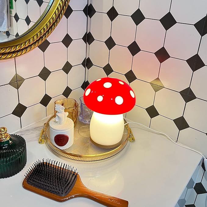 BECCOBEAT Mushroom lamp for Bedroom Night Light Glass Vintage Retro Funky Cute Lamp Small Lamps Bedrooms Bedside Bed Side Table Nightstand Desk Aesthetic Cottagecore 70s Room Decor (RED) (B01)
