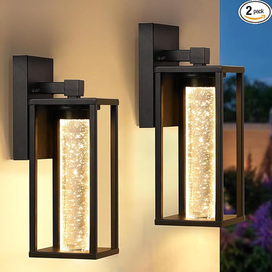 WIHTU Outdoor Light Fixture, LED Exterior Lighting Fixtures with Crystal Bubble, Matte Black Waterproof Outdoor Porch Lights for House, 2 Pack Outside Sconce Lighting for Patio Garage