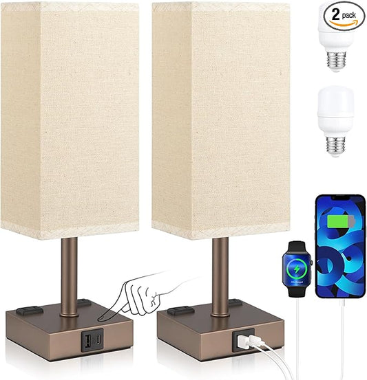 aooshine Brown Base Touch Lamps Set of 2 - Nightstand Lamp with USB-C + A Charge Ports & AC Outlets, 3-Way Dimmable Bedside Lamp, Small Table Lamp Light for Bedroom (Bulb Included)