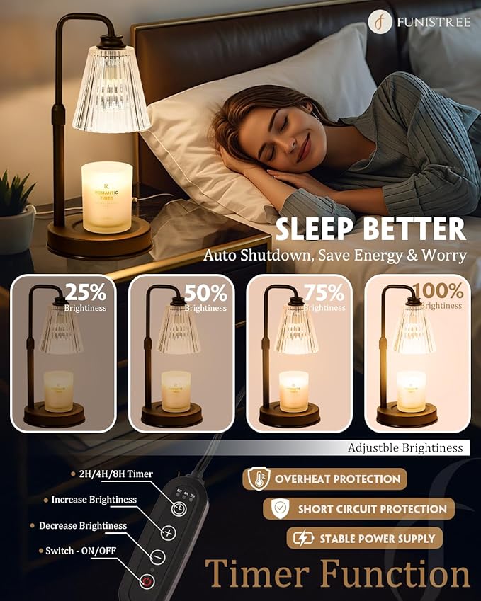 Candle Warmer Lamp With Timer Dimmable Crystal Vertical Stripe, Birthday Gifts for Women Mom, Adjustable Candle Warming Lamp with 2 Bulbs, Black Candle Lamp Warmer for Jar Scented Candles, Home Decor