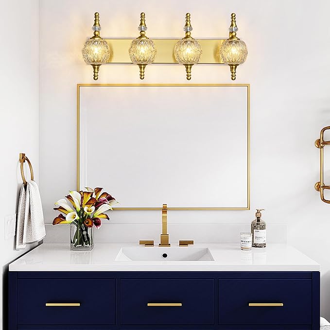 Modern Crystal Bathroom Vanity Lights Fixtures Over Mirror Gold Vintage 4-Lights 28 Inch Bathroom Light Fixtures Glass Crystal Vanity Lights