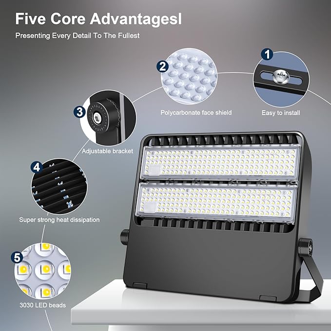 LED Flood Lights Fixture, Extremely Bright 36000LM Outdoor Stadium Light, IP65 Waterproof 240W Commercial Exterior Parking lot Lighting with 5000K Wide Angle and Heavy Duty
