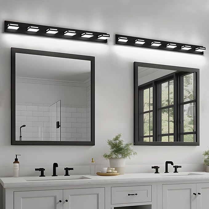 48-Inch 6-Light LED Modern Black Bathroom Vanity Light Fixtures Over Mirror, Bathroom Lighting Fixtures with Cool White 6000K, Vanity Wall Lights for Bath Restroom Powder Room