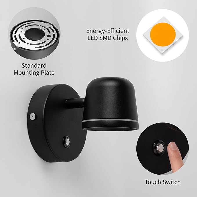 Aisilan Wall Sconce, Hardwired Touch Dimmable Wall Light with 3 Color Temperatures, Adjustable 7W LED Wall Lamp CRI97, Modern Black Aluminum Sconce for Bedroom Bedside Hallway