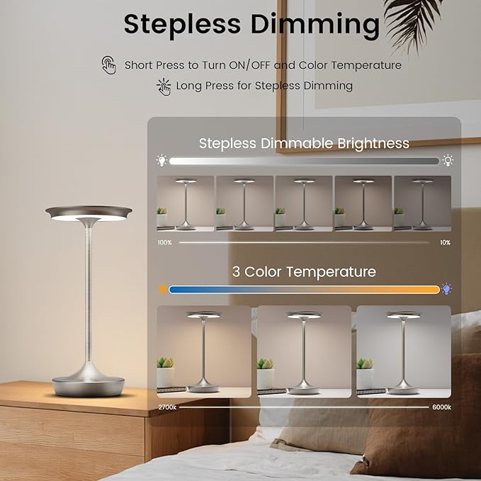 Cordless Table Lamp Rechargeable-LED Battery Operated Lamps, Portable 3 Color Touch Dimming Waterproof Light for Patio/Restaurant/Dining/Outdoor (Chrome2)
