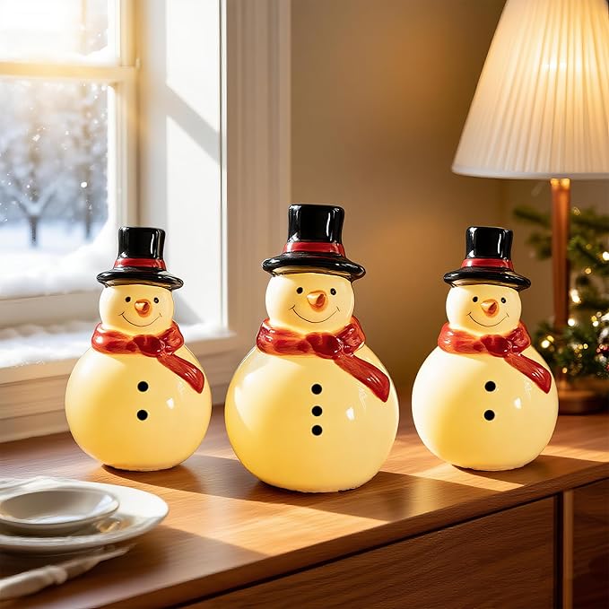 NEROSUN Christmas Snowman Figurines, 3 Pack Ceramic Cute LED Lighted Snowman Tabletop Christmas Decorations, Light Up Table Ornaments for Indoor Cabinet Mantel Fireplace Winter Xmas Decor