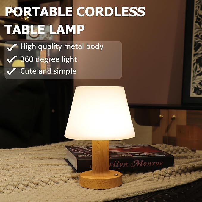 Small Mushroom Table Lamp, Cordless Night Light with 2600mAh Rechargeable Battery, Stepless Dimming Desk Lamp with 3 Colors for Bedroom/Patio/Living Room (Black-2)