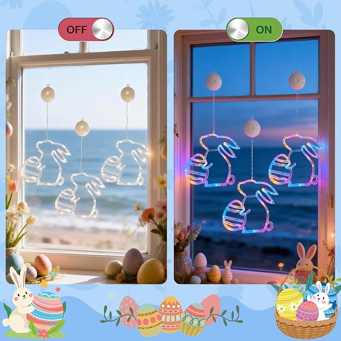 Easter Window Lights Decorations, 3 Pack Easter Hanging Window Decor Colorful Bunny Shaped Lights with Suction Cup, Indoor Battery Operated Bunny LED Holiday Lamp for Home Door Window (Multicolor)