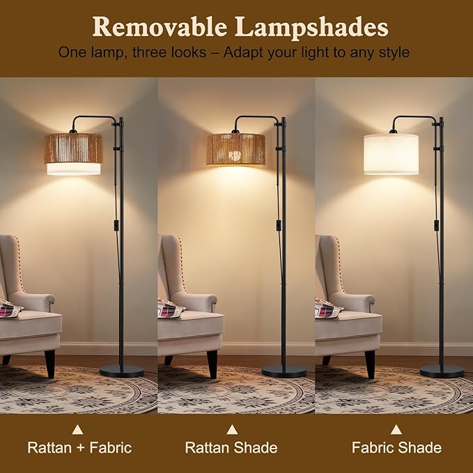 GyroVu Rattan Floor Lamp for Living Room, 3 Color Temperatures LED Bulb Included, Farmhouse Boho Arc Standing Lamp, Handwoven Tall Lamps for Bedroom, Home Office, Corner