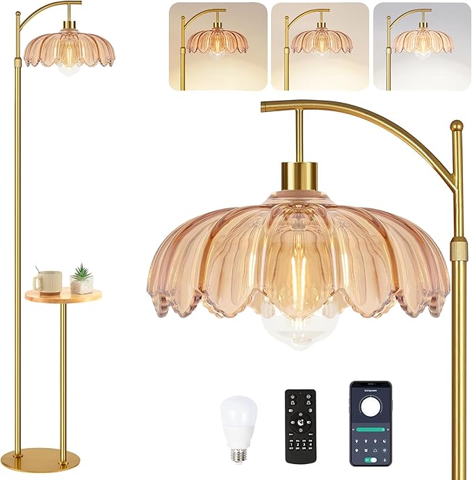 Gold Floor Lamp with Table and Shelves for Living Room Bedroom,Glass Standing Lamp with Remote Dimmable,Boho Brass Tall Lamp Vintage Farmhouse Arc Flower Floor Light Bohemian
