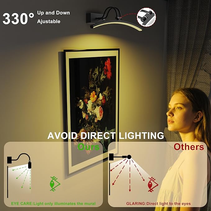 PAIHOME Lights for Pictures on Wall, Rechargeable Magnetic Picture Light with Smart Motion Sensor, Remote Dimmable & Timer, ‌16in Wireless Black Art Lighting for Paintings Gallery Portraits