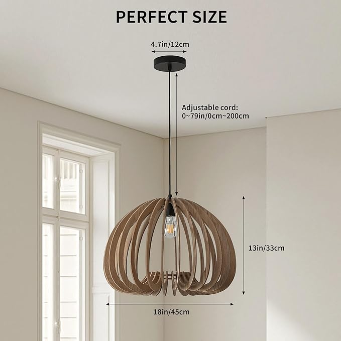 Vintage Wood Pendant Light Fixtures, Modern Farmhouse Walnut Dining Room Chandelier, Mid-Century Ceiling Mount Hanging Light Fixture for Kitchen, Bedroom, Living Room, Foyer, Art Decor, Black