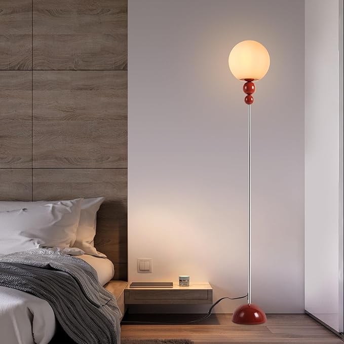 Modern Floor Lamps for Living Room, Globe Glass Shade Floor lamp for Bedroom, Standing lamp for Office, Corner(red)