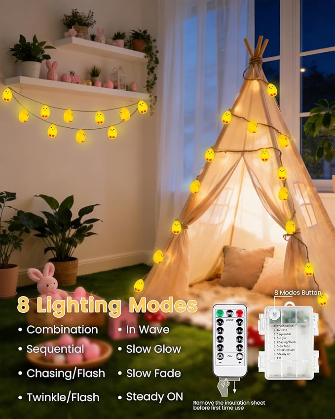 YIQU Easter Decoration String Lights, 10FT 12LED Indoor Chick Mantel Garland Battery Operated with Remote Timer 8 Modes, Hemp Rope Banner for Fireplace Table Wall Spring Party Indoor Outdoor Decor