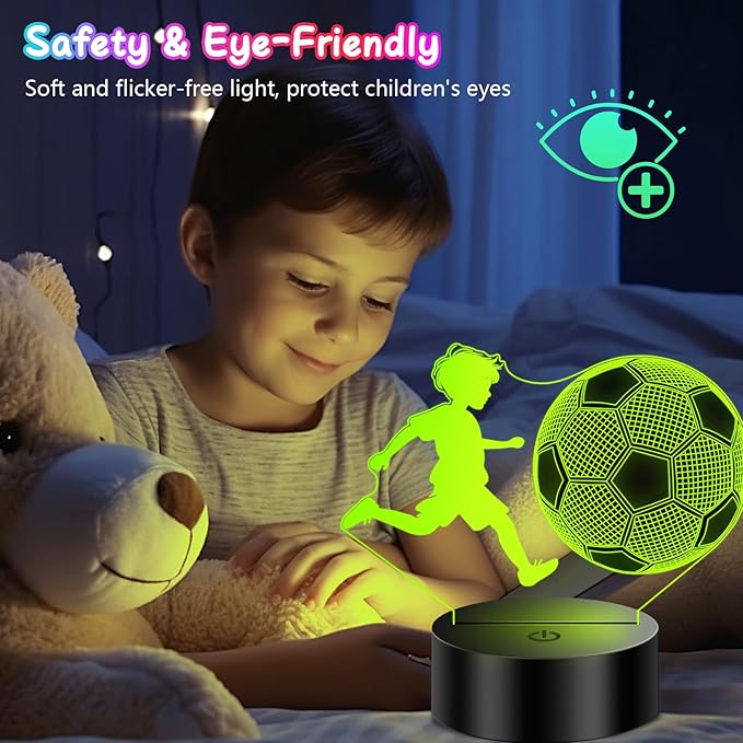Soccer Gifts for Boys【 Boys’ First Soccer Night Light 】, 3D Illusion Soccer Lamp Easter Gifts for Teens Boys, 5 6 7 8 9 10 Year Old Boy Birthday Gifts for Children, Room Decor for Teens