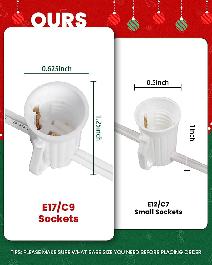 Brightown C9 Light Strand, 50FT White Cord Outdoor String Lights Christmas Stringer with 12" Socket Spacing, C9/E17 Intermediate Base Indoor/Outdoor Stringer Set for Christmas Decor Patio