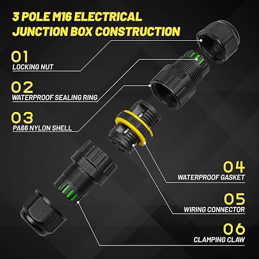 Oyviny 3 Pole Electrical Junction Box IP68 Waterproof, UL Certified M16 Wire Connector for 3.5-10mm Wire Range, Flame Retardant 3 Pin Outdoor Junction Box Connector for Repairing Extension Cord(4PCS)