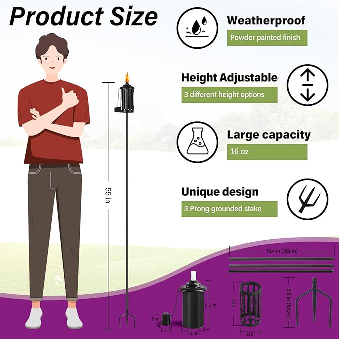 Home Garden Torch Set of 6, 16oz Outdoor Metal Torch Garden Décor,59-Inch Upgraded Citronella Torches with 3-Prong Grounded Stake, Metal Light Torches for Party Patio Pathway