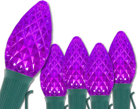 Set of 50 C7 OptiCore Commercial Purple Christmas Lights – Heavy Duty LED Outdoor Bulbs for Halloween, Party, Bedroom, Green Wire (50 ft)