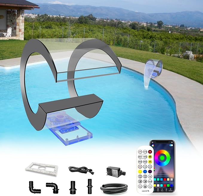 LONGRUN J-Shaped Waterfall Spillway Acrylic Swimming Pool Fountain with Color Changing LED Light, Outdoor Pond Waterfalls Kit for Garden Patio Swimming Pool Koi Ponds Decoration -13.6" Height