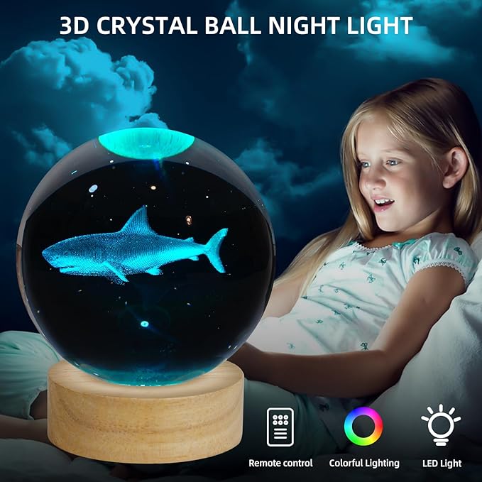 3D Crystal Ball Night Light, 3.15 Inch Glass Ball Lamp with 16 Color LED Wooden Base, Shark Night Light Decor for Birthday, Holiday, Christmas Gifts