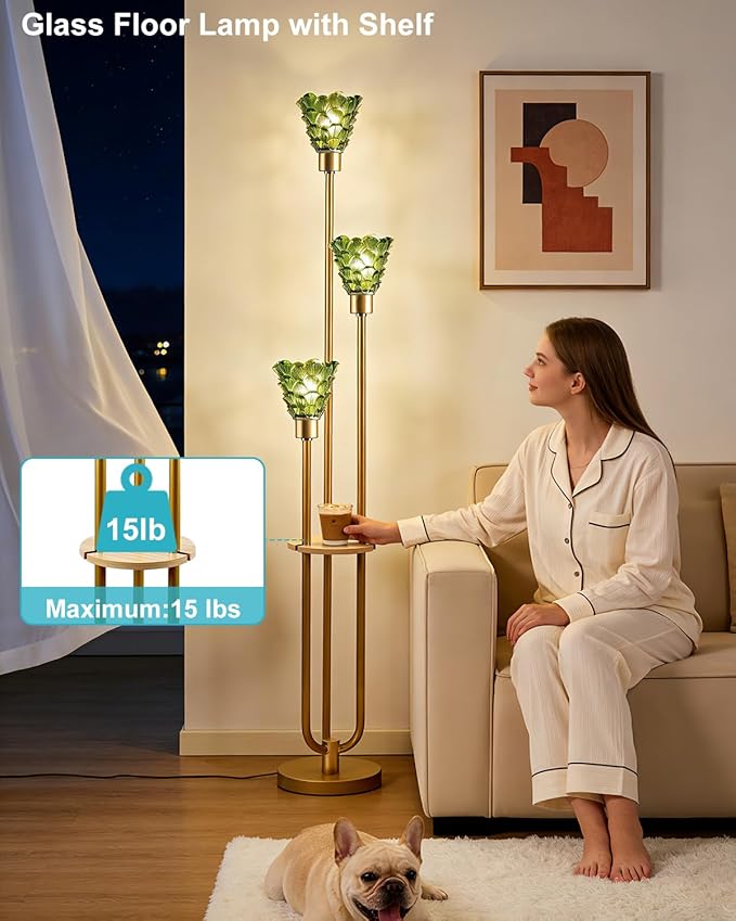 Glass Floor Lamp with Table, 62'' Gold Standing Tall Lamps with Green Glass Shade, 3000K Warmwhite Mid Century Modern Floor Lamp for Living Room/Bedroom/Sofa Beside/Home Corner