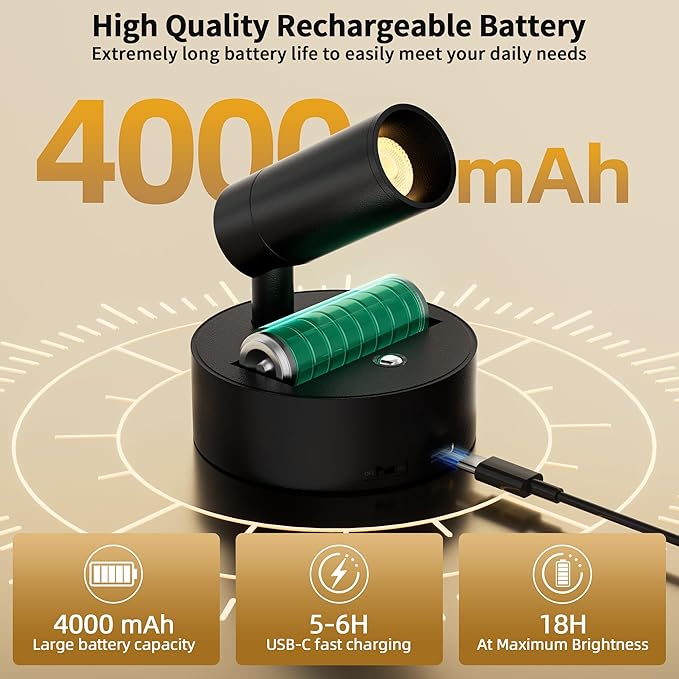 Rechargeable LED Spotlight Indoor: Wireless Battery Operated Spotlight with Remote Control Small Picture Spot Light Accent Uplighting for Plant Artwork Black