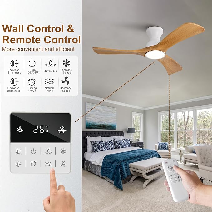 Flush Mount Ceiling Fans with Lights,42 inch,Remote Control,Wall Switch,Solid Wood Blades,Dimmable,Reversible Noiseless,Power Off Memory Modern Ceiling Fan for Bedroom Patio Indoor/Outdoor Use