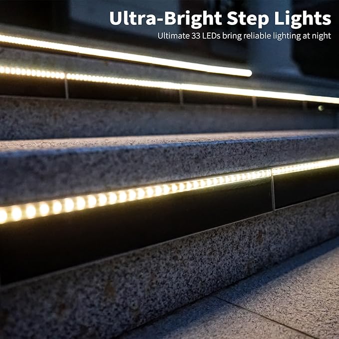 Solar Step Lights for Outside, 33 Focused-Beam High-Brightness LEDs, Waterproof Aluminum Outdoor Stair Light for Risers, Curbsides, Poolsides, Planter Edges (Warm White, 2Pack)