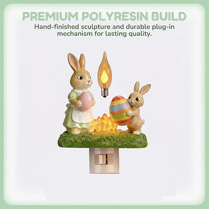 Easter Night Light - Bunny Campfire Plug in Wall, Mother & Baby Rabbit Lamp with Flickering Flame, Handmade Resin Easter Home Decor, Warm Nightlight for Bedroom Nursery or Festive Gift