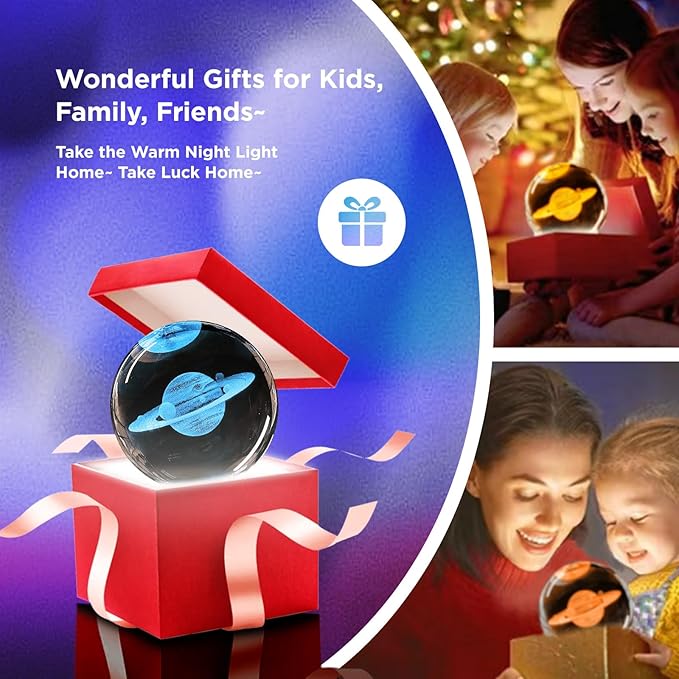 3D Saturn Crystal Ball Night Light, 3.15in K9 Saturn Sphere Glass Ball Lamp with 16 Colors Change, Wooden Base and Remote Control Planet Gifts for Kids Friends Teen