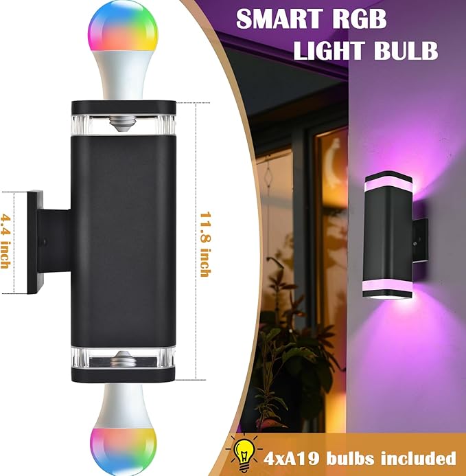 RGB Outdoor Wall Lights Outside Lighting 2 Pack, Square Black Outdoor Light Fixtures Wall Mount, Color Changing Up Down Wall Sconce, IP65 Porch Lights,Modern Exterior Lights for House