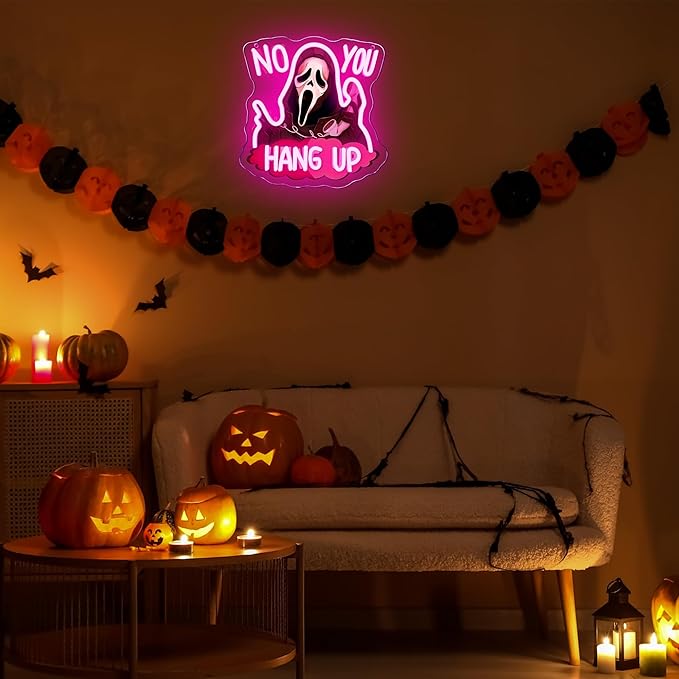 Symone No You Hang Up Halloween Ghostface Mask Neon Sign, Halloween Skull Neon Light USB Powered, for Halloween Party Spooky Decor Neon Horror Decor Horror Movie Sign Halloween Gifts(11.8 * 11.6 In)