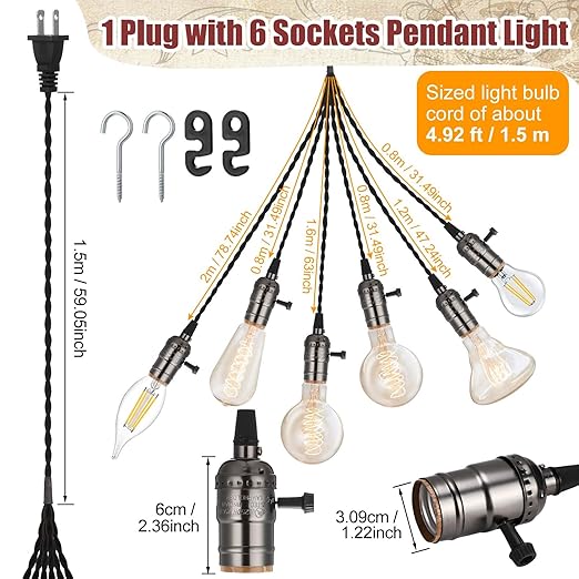 1 Pcs Vintage Pendant Light Sockets Light Cord Kit with Switches DIY Bulb Socket with Cord for E26 E27 Lamp Socket Lantern Bedroom Living Room Decor (1 Plug with 6 Sockets,Black)
