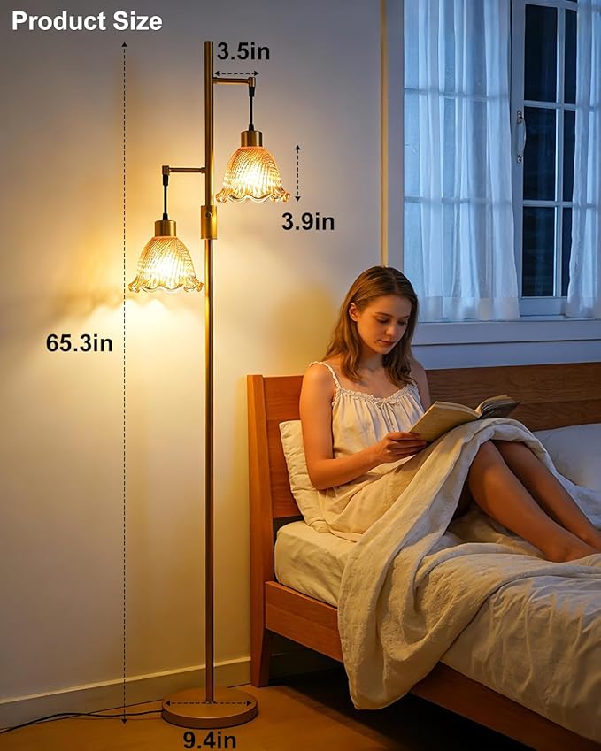 65IN Glass Floor Lamp, 2-Light Gold Tall Standing Lamps Dimmable with Rose Red Glass Lampshade, 3000K Warmwhite Mid Century Modern Floor Lamp for Living Room/Bedroom/Sofa Beside/Home Decor