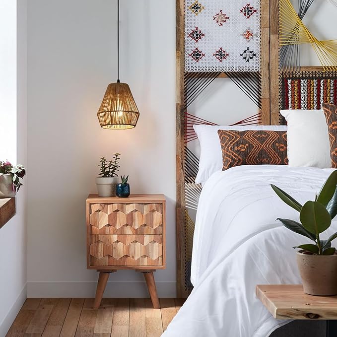 2 Packs Rattan Pendant Lights 7” Boho Woven Kitchen Chandeliers Modern Bohomian Mini Ceiling Hanging Light Fixtures for Farmhouse, Bedroom, Dining Room, Island, Bar, Foyer Hallway