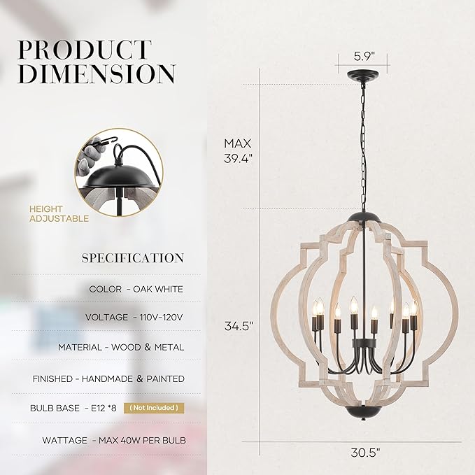 8-Light 30.5" Farmhouse Orb Chandelier Rustic Handmade Distressed White Wood Hanging Ceiling Pendant Light Fixture Wood Lantern Chandeliers for Dining Room Kitchen Bedroom Foyer Hallway