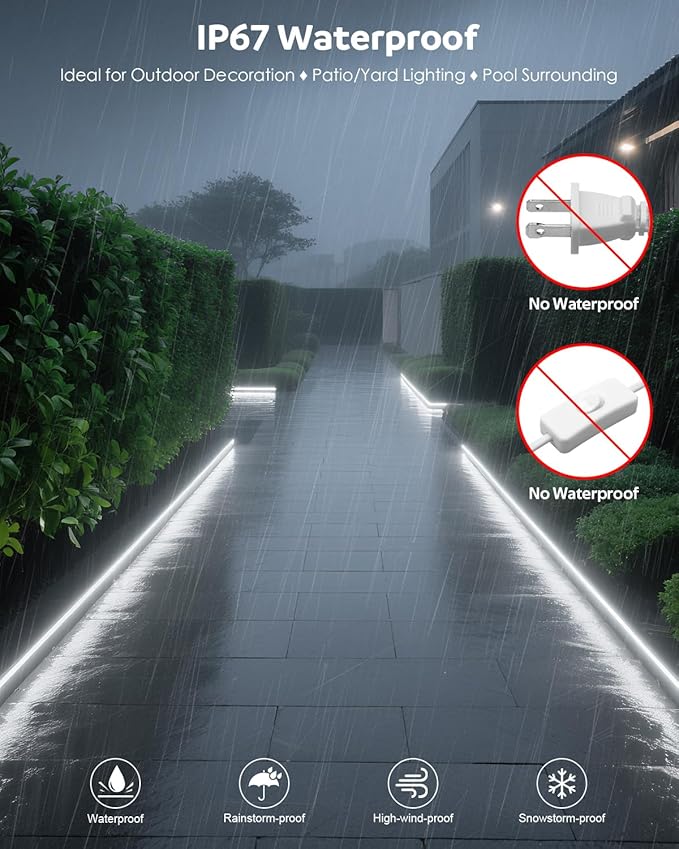 Aclorol AC 110V 120V COB LED Strip Lights Outdoor Waterproof 100FT IP68 LED Rope Lights with Switch Control Uniform High Density Flexible Tape Lights for Outside 6000K 8640 LEDs