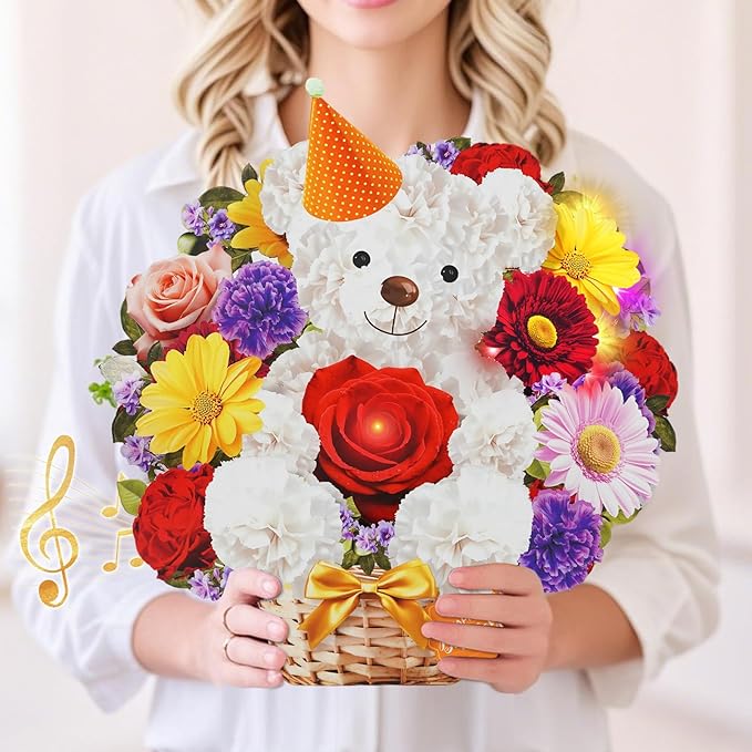 Birthday Cards with MUSIC & LIGHTS, Happy Birthday Card, Bear & Daisy, 10 Inch Life Sized Forever Flower Bouquet 3D Pop Up Greeting Card for Wife Mom Daughter Grandma Women