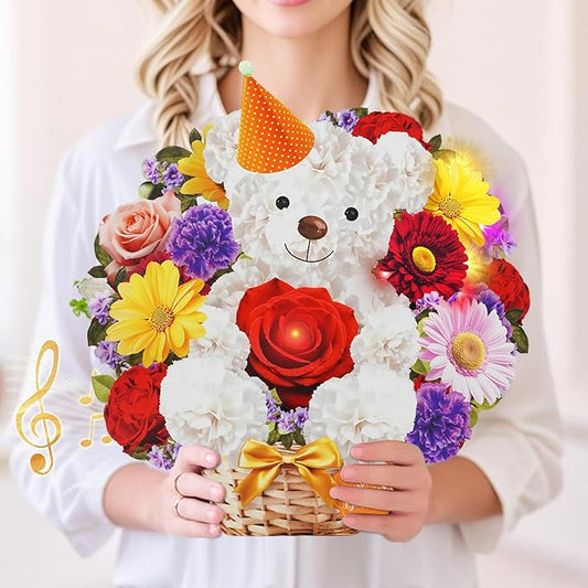 Birthday Cards with MUSIC & LIGHTS, Happy Birthday Card, Bear & Daisy, 10 Inch Life Sized Forever Flower Bouquet 3D Pop Up Greeting Card for Wife Mom Daughter Grandma Women