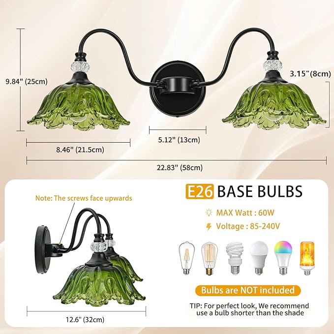 Black Bathroom Vanity Light, 2-Light Vanity Light with Floral Green Glass Shades,Vintage Farmhouse Wall Mount Lighting for Bathroom, Dressing Table