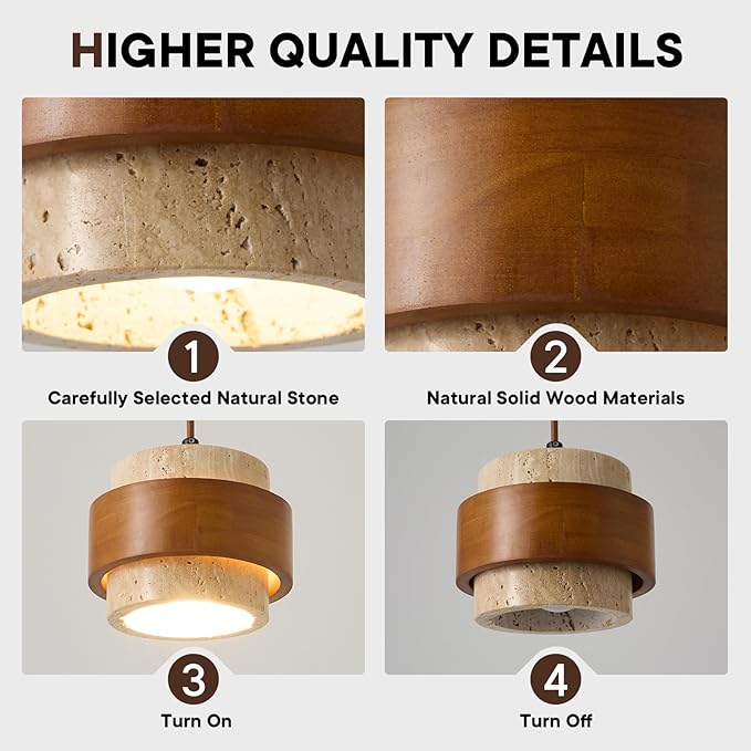 Natural Stone Pendant Light Set of 2, Wabi Sabi Travertine & Wood Hanging Lamp for Kitchen Island, Hallway, Bedroom, Dining Room Ceiling Decor (E26 Bulb, 6.7 in Stone Ring)