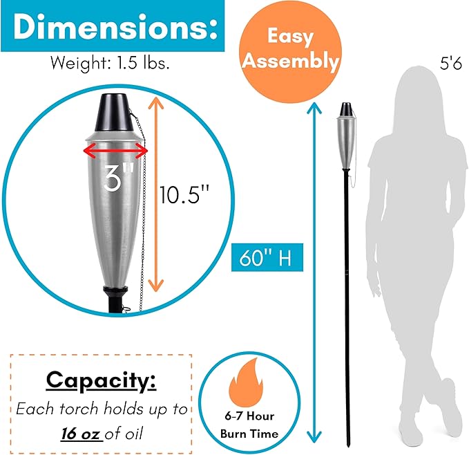 BIRDROCK HOME 60" Outdoor Torches - Durable Construction, Modern Design, Weather Resistant, Citronella Oil Compatible, Ideal for Backyards, Patios, Pathways - Garden Silver, 4 Pack