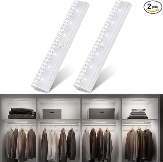 maylit 2 Pack Closet Lights Motion Sensored, Battery Operated Light Indoor, Wireless Magnetic Night LED Bar, Stick on Lighting for Stair, Shelf, Hallway, Bed, Pantry, Under Cabinet, 6000K Cool White