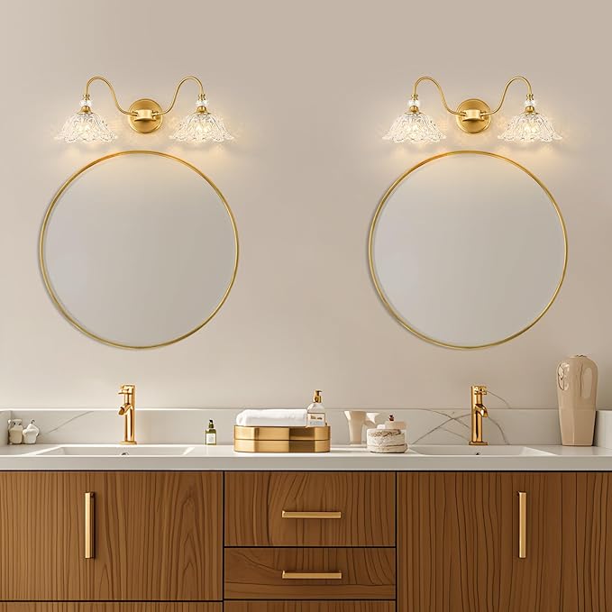 Gold Bathroom Vanity Light, 2-Light Brushed Gold Finish Vanity Light with Floral Clear Glass Shades, Retro Wall Mount Lighting for Bathroom, Dressing Table